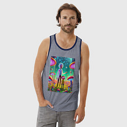 Майка мужская хлопок Morty and Rick on a neon planet, цвет: синяя тельняшка — фото 2