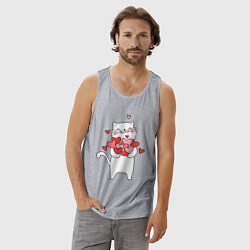 Майка мужская хлопок Белый кот с охапкой сердец, цвет: меланж — фото 2