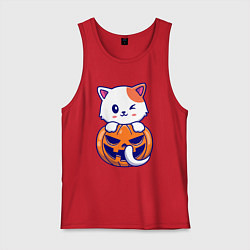 Майка мужская хлопок Halloween meow, цвет: красный