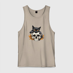 Майка мужская хлопок Кошка обнимает череп, цвет: миндальный