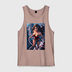 Майка мужская хлопок Чудо-женщина на крыше с городским фоном в стиле ко, цвет: пыльно-розовый