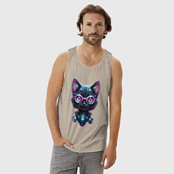 Майка мужская хлопок Прикольный котёнок - киберпанк, цвет: миндальный — фото 2