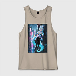 Майка мужская хлопок Лиса наемник в стиле Cyberpunk, цвет: миндальный