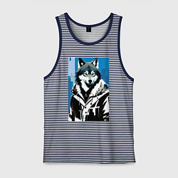 Майка мужская хлопок Волк в мегаполисе - нейроарт, цвет: синяя тельняшка