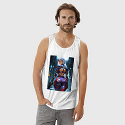 Майка мужская хлопок Девушка с оружием в киберпанк стиле, цвет: белый — фото 2