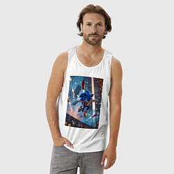 Майка мужская хлопок Соник убегает от летящих ракет, цвет: белый — фото 2