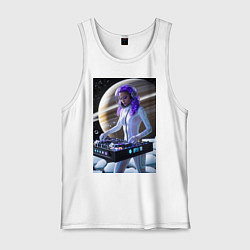 Майка мужская хлопок Девушка космо DJ на фоне сатурна, цвет: белый
