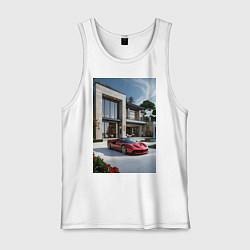 Майка мужская хлопок Красный суперкар у дома, цвет: белый