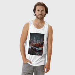 Майка мужская хлопок Белый суперкар едет по аллее в город, цвет: белый — фото 2