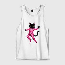 Майка мужская хлопок Черный кот в розовом костюме танцует, цвет: белый
