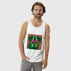 Майка мужская хлопок Пёс с долларами в глазах: поп-арт в неоновом стиле, цвет: белый — фото 2