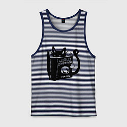 Майка мужская хлопок Кот с книгой, цвет: синяя тельняшка