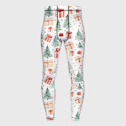 Тайтсы мужские Акварельные елочки и подарки, цвет: 3D-принт
