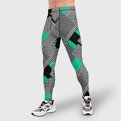 Тайтсы мужские Черно бирюзовая абстрактная геометрия пэчворк, цвет: 3D-принт — фото 2