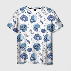 Мужская футболка Узор Голубые черепа с цветами