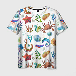 Мужская футболка Морской паттерн с крабами и водорослями