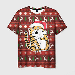 Мужская футболка Рождественский удивленный тигр