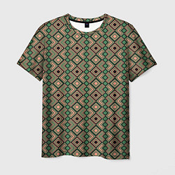 Мужская футболка Абстракция из черных, зеленых и бежевых квадратов
