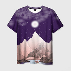 Мужская футболка Зимнее лунное небо в горах со снегопадом