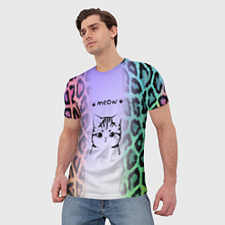 Футболка мужская Котик MEOW на радужном леопарде принт, цвет: 3D-принт — фото 2
