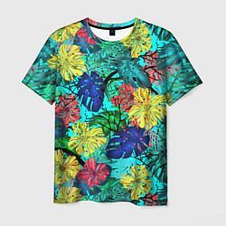 Мужская футболка Тропические растения на бирюзовом фоне