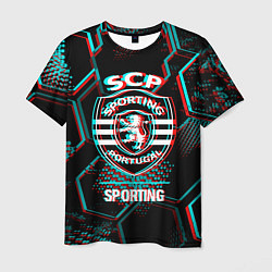 Футболка мужская Sporting FC в стиле Glitch на темном фоне, цвет: 3D-принт