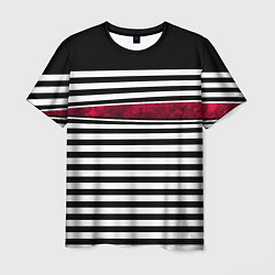 Мужская футболка Полосатый современный черно-белый с красной вставк