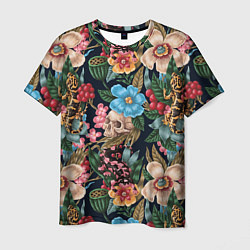 Мужская футболка Паттерн из цветов, черепов и саламандр