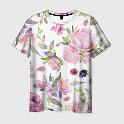 Мужская футболка Летний красочный паттерн из цветков розы и ягод еж