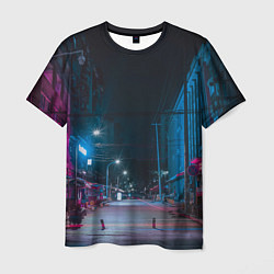 Мужская футболка Неоновая пустая улица города - Синий