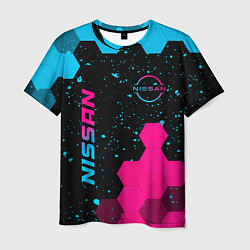 Футболка мужская Nissan - neon gradient: символ и надпись вертикаль, цвет: 3D-принт