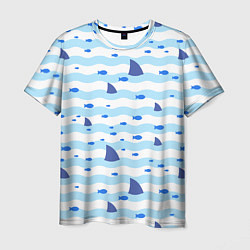 Мужская футболка Волны, рыбки и плавники акул - паттерн
