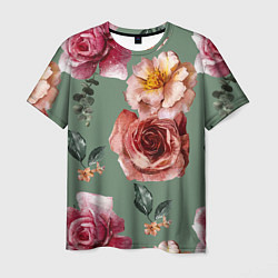 Мужская футболка Цветы Нарисованные Розы и Пионы