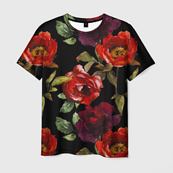 Мужская футболка Цветы Нарисованные Розы На Чёрном Фоне