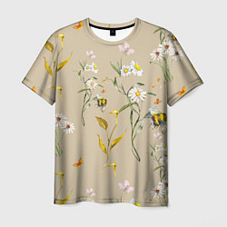 Мужская футболка Нарисованные Цветы Ромашки и Пчёлы