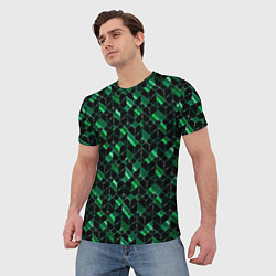 Футболка мужская Геометрический узор, зеленые фигуры на черном, цвет: 3D-принт — фото 2