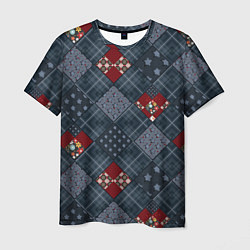 Мужская футболка Red and blue denim patchwork