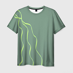 Мужская футболка Абстрактные зеленые линии на фоне цвета хаки