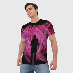 Футболка мужская Неоновые розовые волны и силуэт человека, цвет: 3D-принт — фото 2