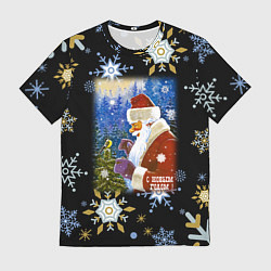Мужская футболка Новый год дед мороз и птичка