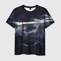 Мужская футболка Маяк и штормовое море в ночи