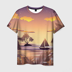 Мужская футболка Лодка в море на закате возле тропических островов