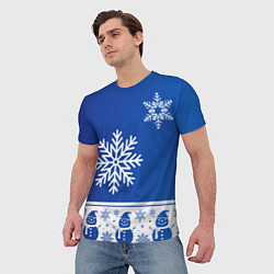 Футболка мужская Снеговики в снежинках синие, цвет: 3D-принт — фото 2