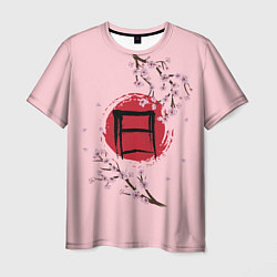 Футболка мужская Цветущая сакура с иероглифом cолнце, цвет: 3D-принт