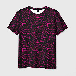 Мужская футболка Абстрактные розовые узоры в виде трещин на чёрном