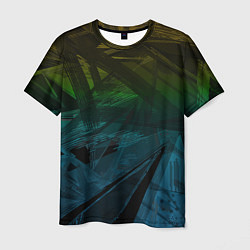 Мужская футболка Черный абстрактный узор на сине-зеленом фоне