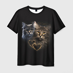 Футболка мужская Влюбленные кот и кошка с сердечками, цвет: 3D-принт