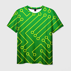 Мужская футболка Технический зелёный паттерн с жёлтыми лучами