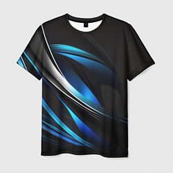 Мужская футболка Абстрактные синие и белые линии на черном фоне