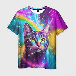 Футболка мужская Полосатый кот с разноцветной звездной туманностью, цвет: 3D-принт
